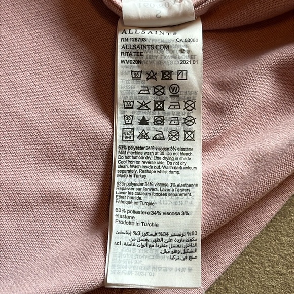 All Saints Rita Tee Long Sleeve Pink/Blush Oversized- Small - Picture 7 of 10